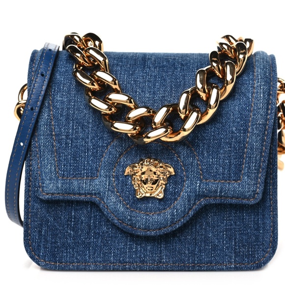 Versace La Medusa Blue Denim Chain Shoulder Cross Body Bag - Picture 1 of 14